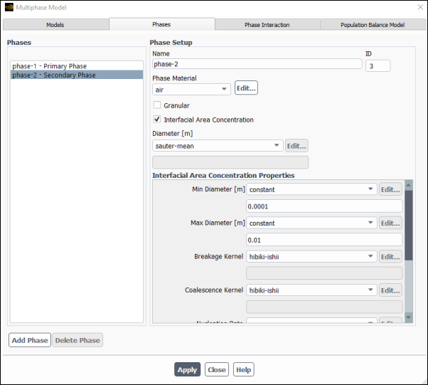 The Multiphase Model Dialog Box Displaying the Interfacial Area Concentration Settings