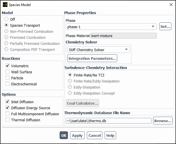 The Species Model Dialog Box with a Multiphase Model Enabled