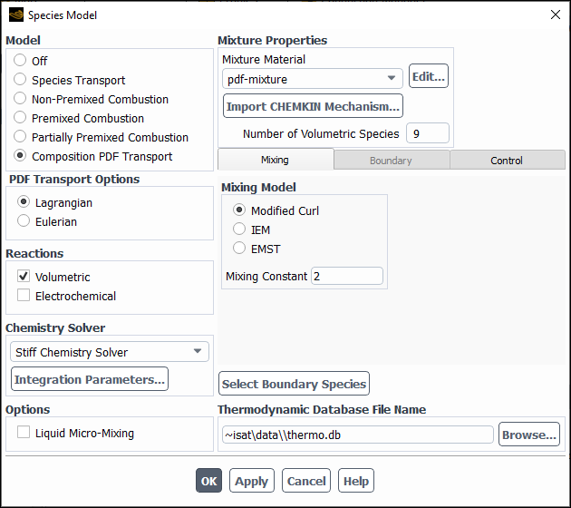 The Species Model Dialog Box for Lagrangian Composition PDF Transport