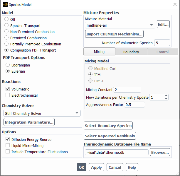 The Species Model Dialog Box for Eulerian Composition PDF Transport