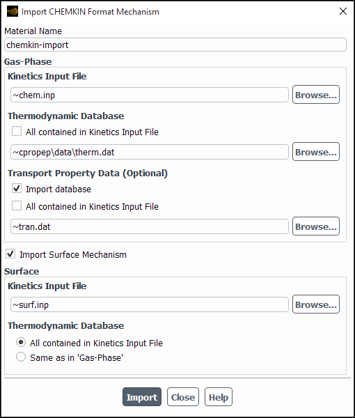 The Import CHEMKIN Format Mechanism Dialog Box for Surface Kinetics