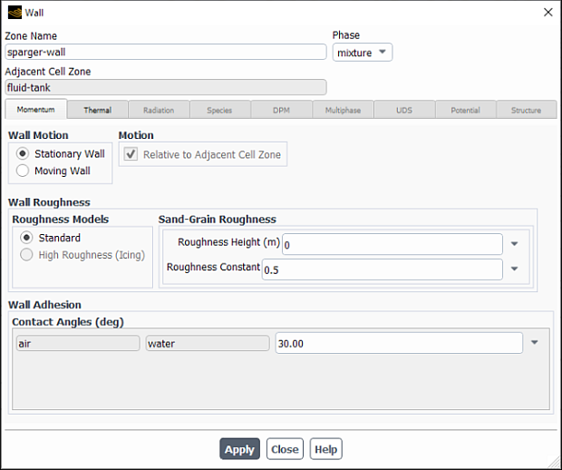 The Wall Dialog Box for a Mixture in a Multiphase Calculation with Wall Adhesion