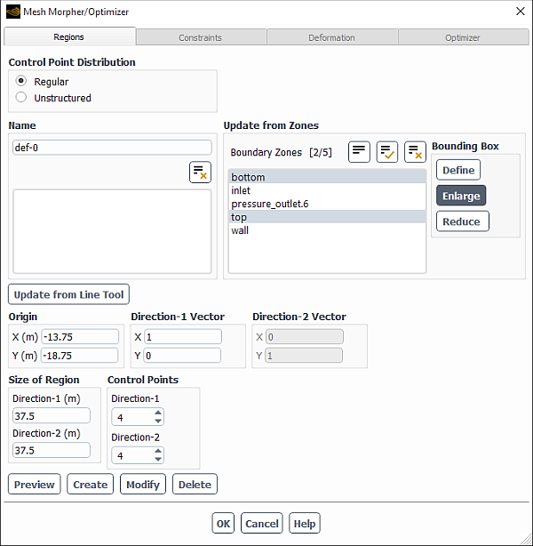 The Regions Tab of the Mesh Morpher/Optimizer Dialog Box