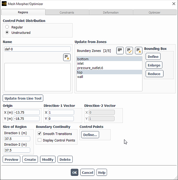 The Regions Tab of the Mesh Morpher/Optimizer Dialog Box for an Unstructured Distribution