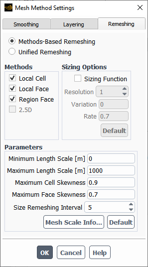 The Remeshing Tab in the Mesh Method Settings Dialog Box for Methods-Based Remeshing