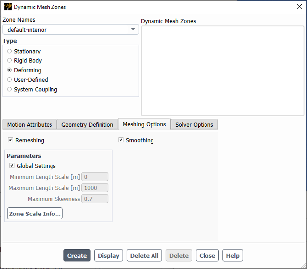 The Dynamic Mesh Zones Dialog Box for a Deforming Motion with Cell Zone Options