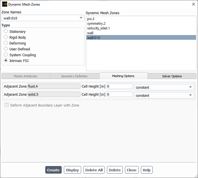 The Dynamic Mesh Zones Dialog Box for an Intrinsic FSI Zone