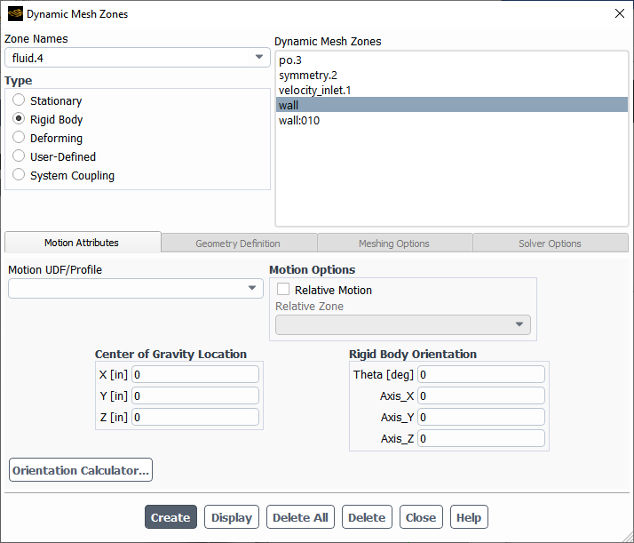 The Dynamic Mesh Zones Dialog Box for a Rigid Body Motion