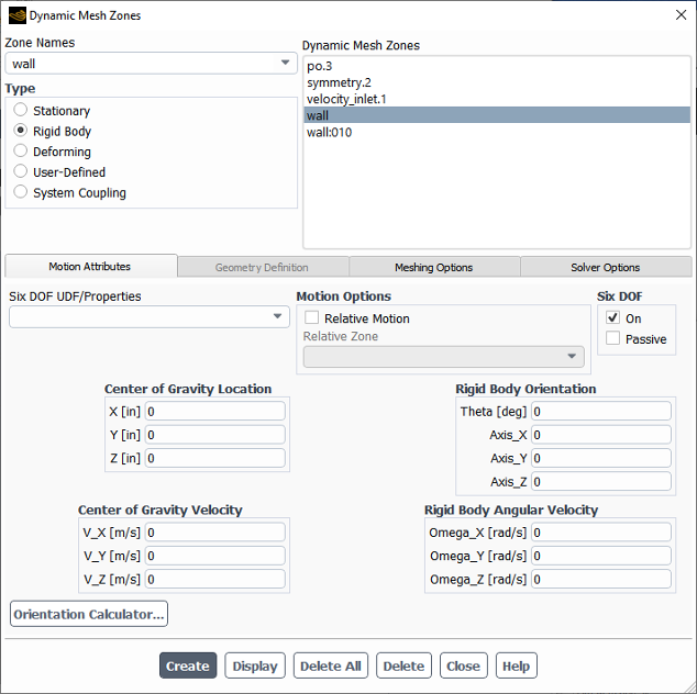 The Dynamic Mesh Zones Dialog Box for a Rigid Body Motion Using the Six DOF Solver