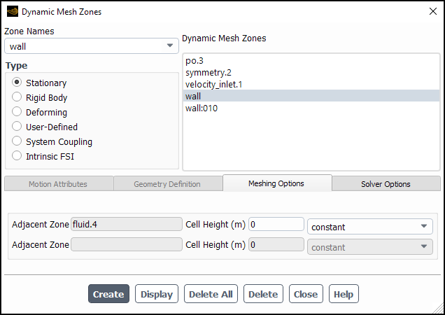 The Dynamic Mesh Zones Dialog Box for a Stationary Zone