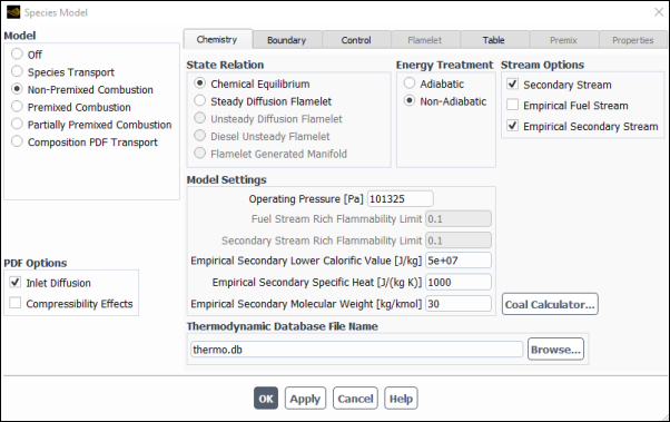 The Species Model Dialog Box for a Two-Mixture-Fraction Calculation