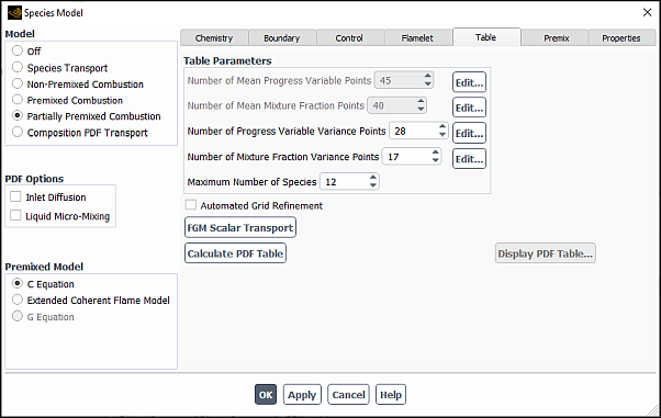 The Species Model Dialog Box: Table Tab with no Automated Grid Refinement