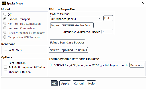 The Species Model Dialog Box with Air Mixture