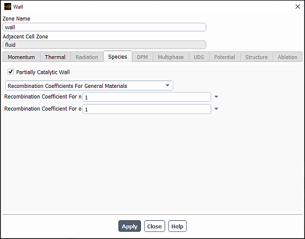 The Wall Dialog Box with Partially Catalytic Wall