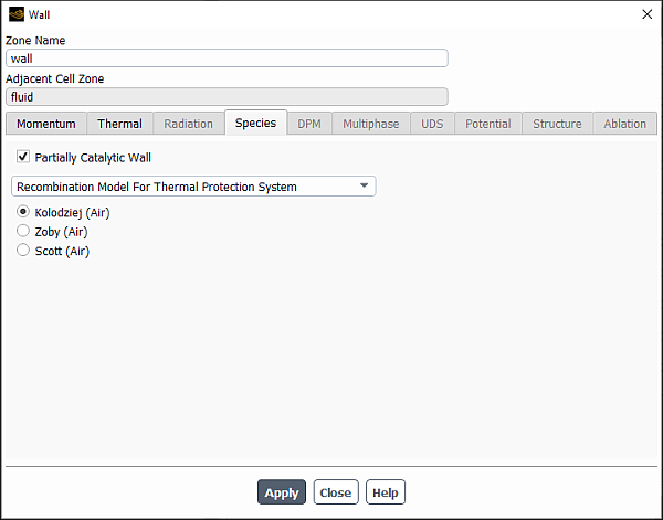 The Wall Dialog Box with Partially Catalytic Wall for Thermal Protection System