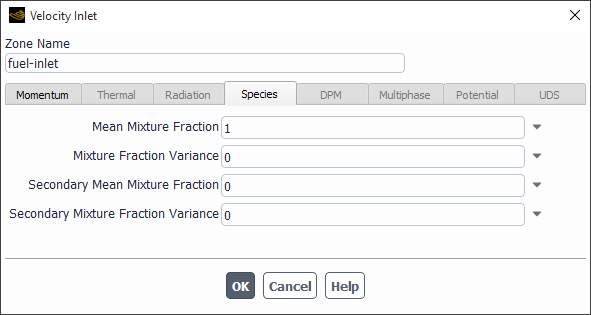 The Velocity Inlet Dialog Box Showing Mixture Fraction Boundary Conditions