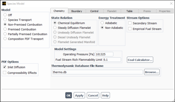 The Species Model Dialog Box (Chemistry Tab)