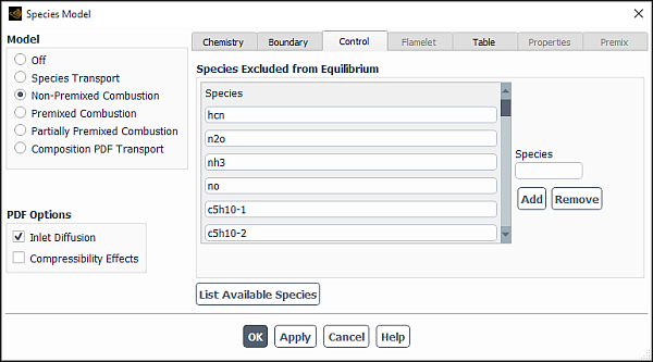 The Species Model Dialog Box (Control Tab)