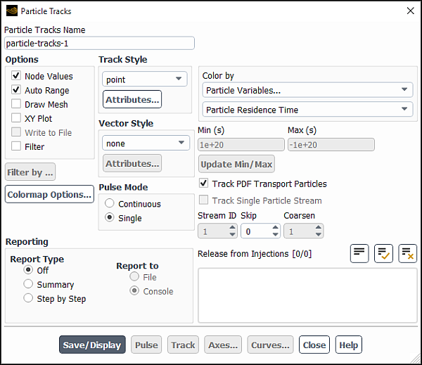 The Particle Tracks Dialog Box for Tracking PDF Particles