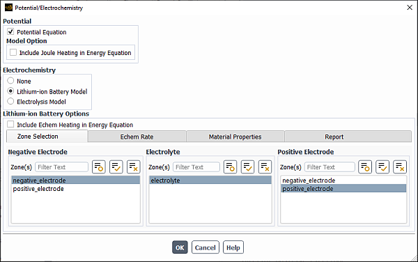 The Potential/Electrochemistry Dialog Box - Lithium-ion Battery Model