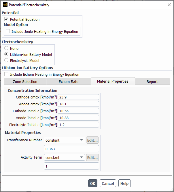 The Potential/Electrochemistry Dialog Box - Material Properties Tab