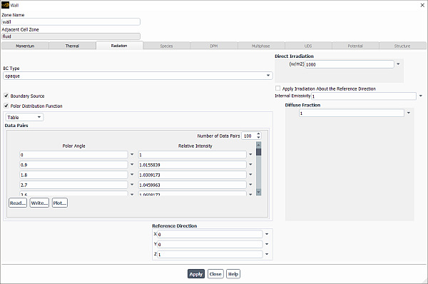 The Wall Dialog Box for an Opaque Wall with MC Model (Polar Distribution with Table)