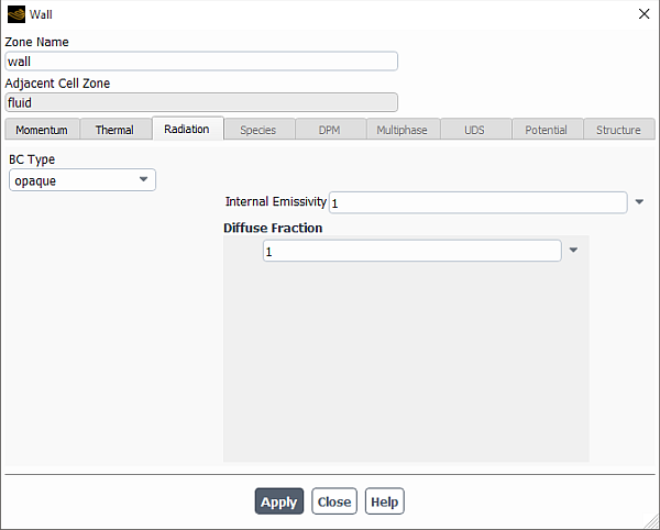 The Wall Dialog Box Showing Radiation Conditions for an Opaque Wall