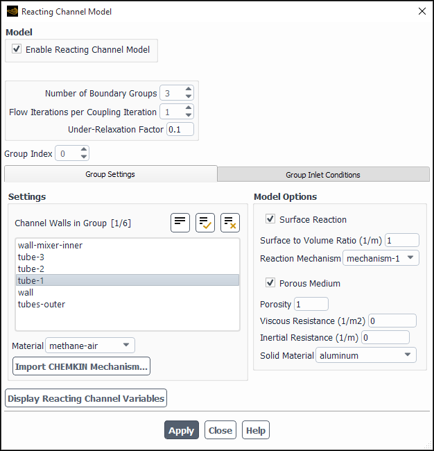 The Reacting Channel Model Dialog Box