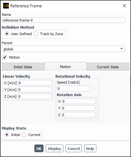 The Motion Tab of the Reference Frame Dialog Box