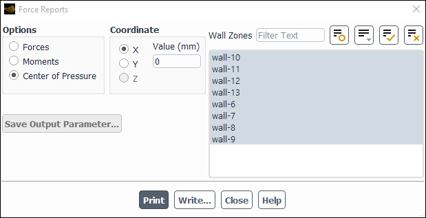 The Force Reports Dialog Box for a Center of Pressure Report