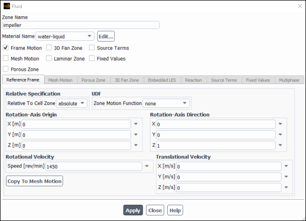 The Fluid Dialog Box Displaying Frame Motion Inputs