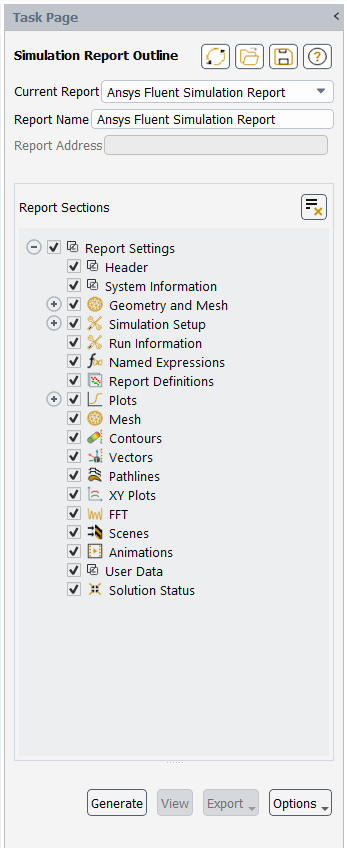 The Simulation Report Outline Task Page