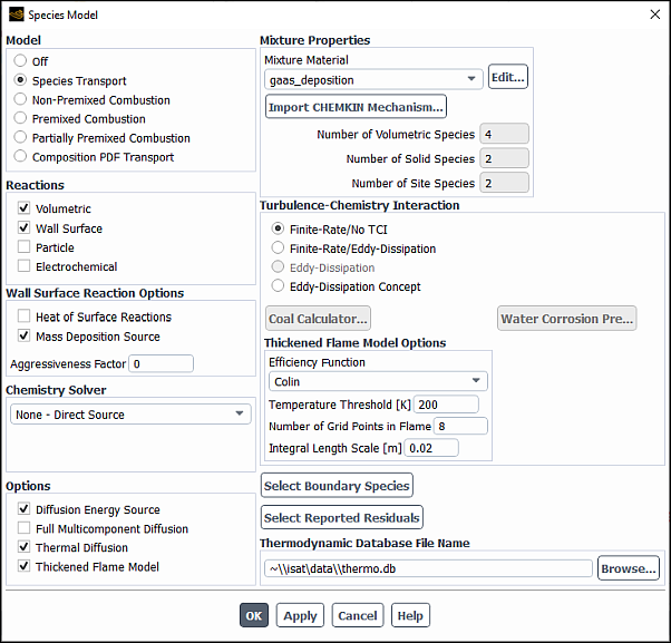 The Species Model Dialog Box Displaying the Thickened Flame Model