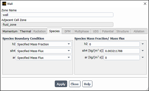 The Wall Dialog Box for Species Boundary Condition Input