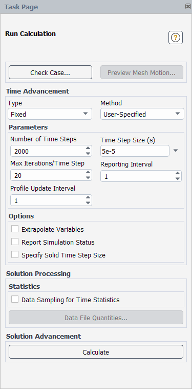 The Run Calculation Task Page for Implicit Transient Calculations