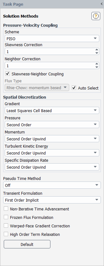 The Solution Methods Task Page for a Transient Calculation