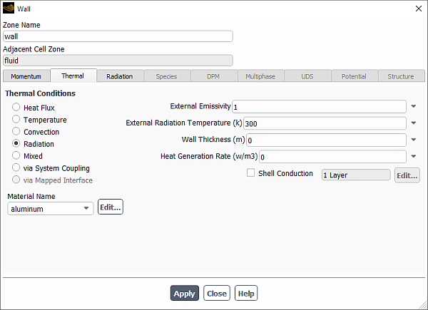 The Wall Dialog Box Showing External Emissivity and External Radiation Temperature Thermal Conditions