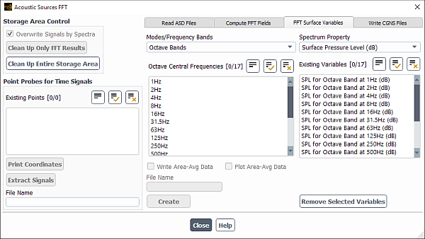 The FFT Surface Variables Tab of the Acoustic Source FFT Dialog Box for the Octave Bands