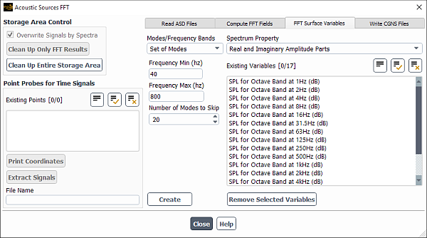 The FFT Surface Variables Tab of the Acoustic Source FFT Dialog Box for a Set of Individual Modes