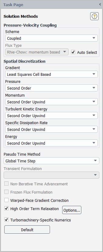 The Turbomachinery-Specific Numerics Option in the Solution Methods Task Page