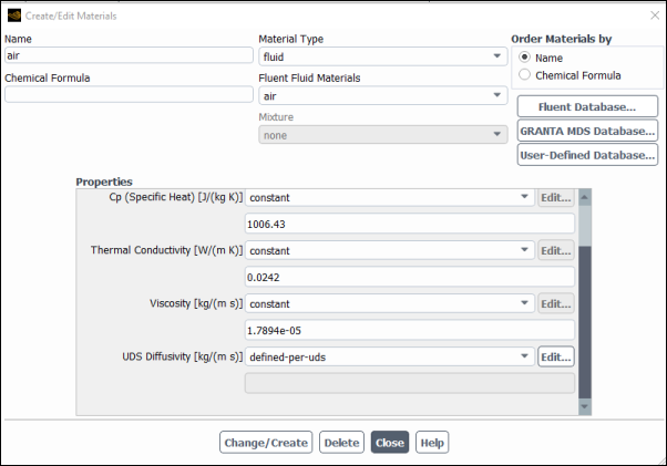 The Materials Dialog Box with Input for Diffusivity for UDS Equations