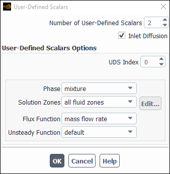 The User-Defined Scalars Dialog Box for a Multiphase Flow