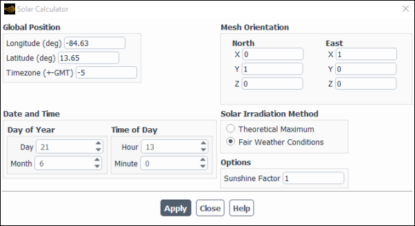 The Solar Calculator Dialog Box