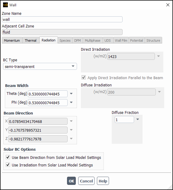 The Wall Dialog Box Radiation tab with Solar Irradiation