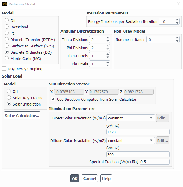 The Radiation Model Dialog Box (with Solar Load Model Solar Irradiation Option)