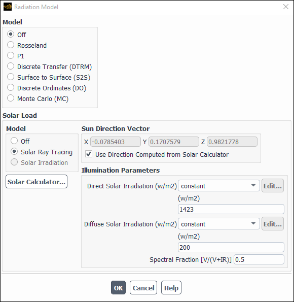 The Radiation Model Dialog Box (With Solar Load Model Solar Ray Tracing Option)