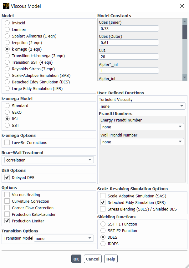 The Viscous Model Dialog Box Displaying Options for DES with the BSL k-ω Model