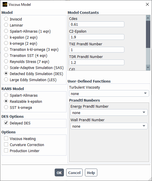 The Viscous Model Dialog Box Displaying Options for DES with the Realizable k-ε Model