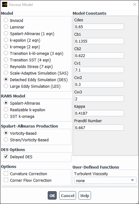 The Viscous Model Dialog Box Displaying Options for DES with the Spalart-Allmaras Model