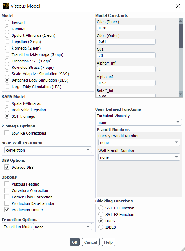 The Viscous Model Dialog Box Displaying Options for DES with the SST k-ω Model